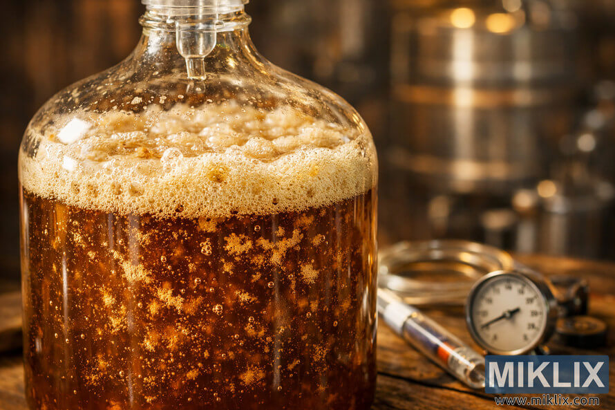 Close-up of a glass carboy filled with bubbling brown beer, surrounded by home-brewing tools on a rustic wooden table, softly lit with warm light and blurred barrels in the background. Close-up of a glass carboy filled with bubbling brown beer, surrounded by home-brewing tools on a rustic wooden table, softly lit with warm light and blurred barrels in the background.