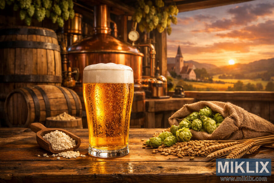 A crisp golden lager on a rustic wooden table inside a traditional German brewery, with copper kettles, wooden barrels, hops, barley, and a warm sunset over rolling hills in the background.