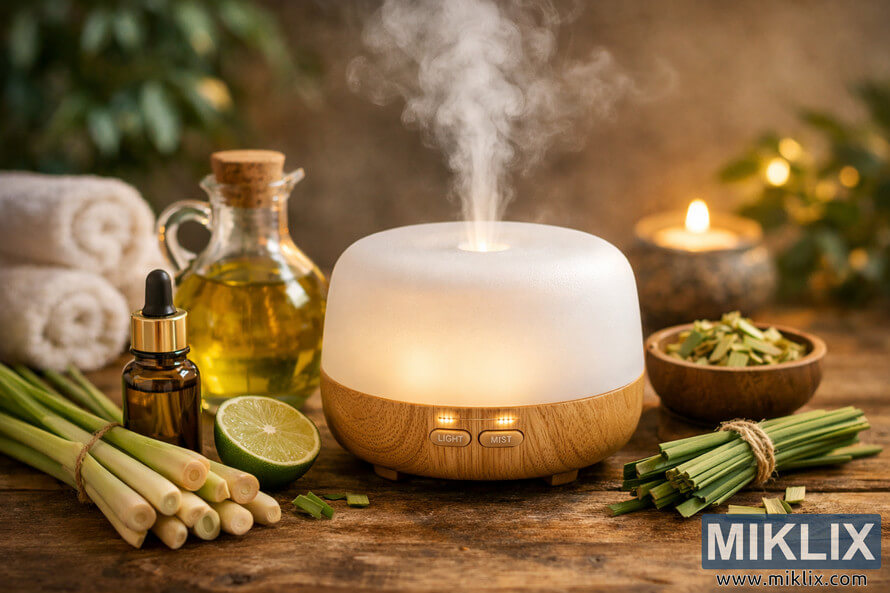 A modern lemongrass oil diffuser on a rustic wooden surface emitting a gentle mist, surrounded by fresh lemongrass stalks, a halved lime, amber and glass bottles of lemongrass oil, a small wooden bowl of dried lemongrass, a lit tealight candle in a stone holder, rolled white towels, and blurred green foliage in the warm, softly lit background. A modern lemongrass oil diffuser on a rustic wooden surface emitting a gentle mist, surrounded by fresh lemongrass stalks, a halved lime, amber and glass bottles of lemongrass oil, a small wooden bowl of dried lemongrass, a lit tealight candle in a stone holder, rolled white towels, and blurred green foliage in the warm, softly lit background.