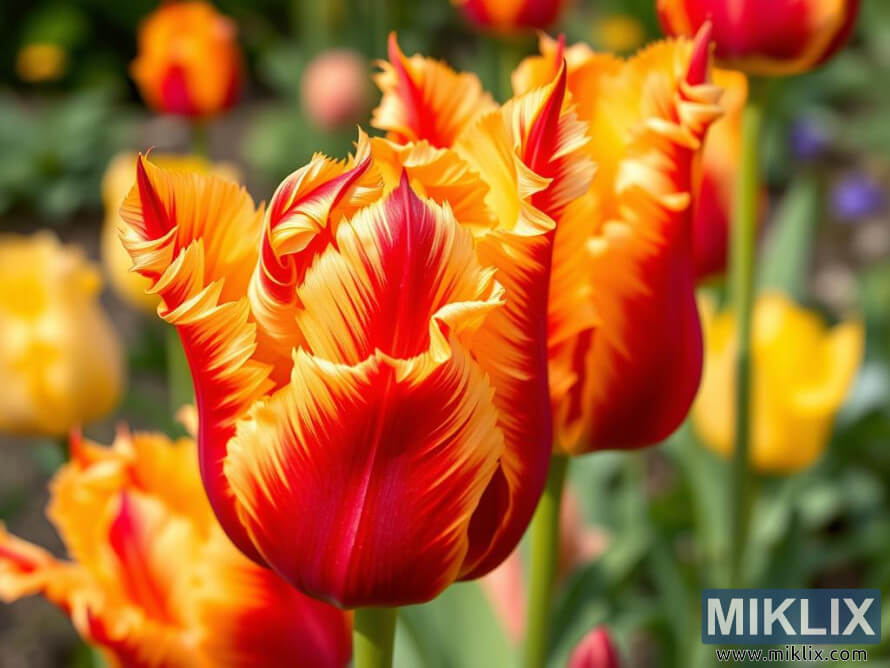 Gros plan de tulipes rouge-orange vibrantes avec des pÃ©tales Ã  volants et des bords jaunes dans un jardin printanier.