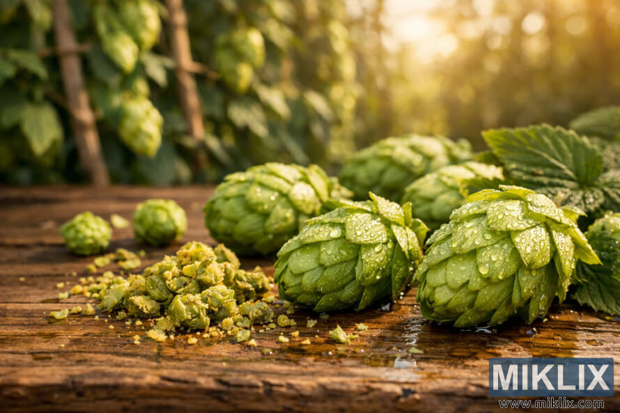 Close-up of fresh green Herkules hop cones with dew on a wooden table, scattered crushed hops, and blurred hop vines in warm sunlight.
