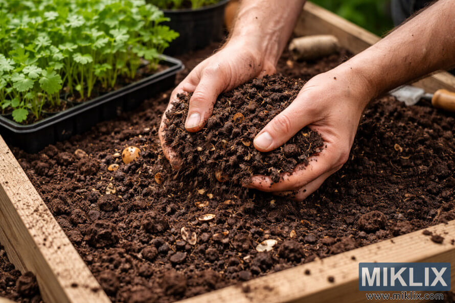 Des mains mÃ©langeant un sol de jardin sombre et fertile avec du compost dans un plate-bande surÃ©levÃ©, avec des semis de coriandre dans des plateaux Ã  proximitÃ©.