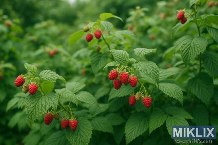 Trosse ryp rooi frambose wat aan welige groen plante in 'n sonverligte tuin groei.