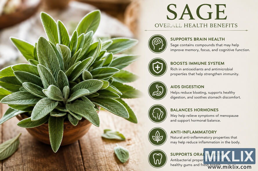 A landscape-oriented health infographic featuring a fresh bundle of sage leaves in a rustic wooden bowl on a wooden table, paired with informational text and icons describing the overall health benefits of sage, including brain support, immunity, digestion, hormone balance, anti-inflammatory effects, and oral health benefits. A landscape-oriented health infographic featuring a fresh bundle of sage leaves in a rustic wooden bowl on a wooden table, paired with informational text and icons describing the overall health benefits of sage, including brain support, immunity, digestion, hormone balance, anti-inflammatory effects, and oral health benefits.