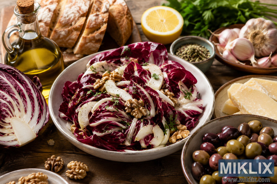 A rustic Mediterranean food spread centered around a vibrant radicchio salad with walnuts, sliced white cheese, herbs, and olive oil, surrounded by crusty bread, mixed olives, lemon, garlic, fresh parsley, dried herbs, and additional radicchio on a weathered wooden table under warm natural light. A rustic Mediterranean food spread centered around a vibrant radicchio salad with walnuts, sliced white cheese, herbs, and olive oil, surrounded by crusty bread, mixed olives, lemon, garlic, fresh parsley, dried herbs, and additional radicchio on a weathered wooden table under warm natural light.