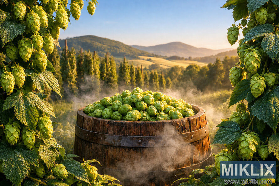 Landscape photo of a vibrant hop field in golden sunlight with dewy green hop cones, a rustic wooden barrel filled with fresh hops, gentle mist, rolling hills, and a clear blue sky.