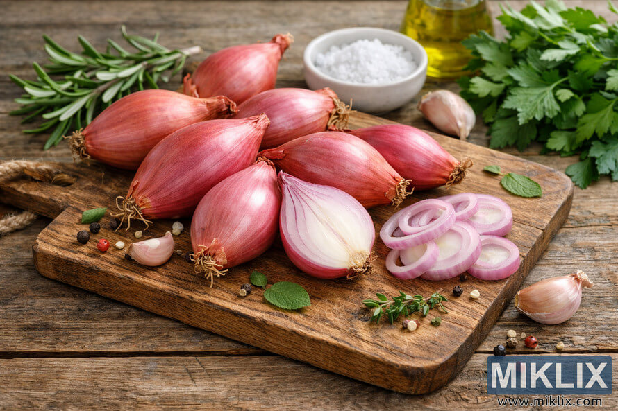 Fresh shallots arranged on a rustic wooden cutting board with herbs, garlic, and seasonings illustrating their health benefits.