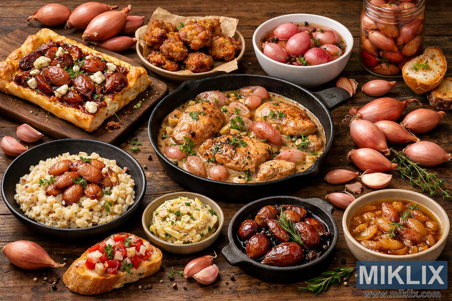 A rustic wooden table filled with diverse dishes showcasing shallots in various culinary preparations, including caramelized tart, creamy chicken, risotto, pickled shallots, and bruschetta.