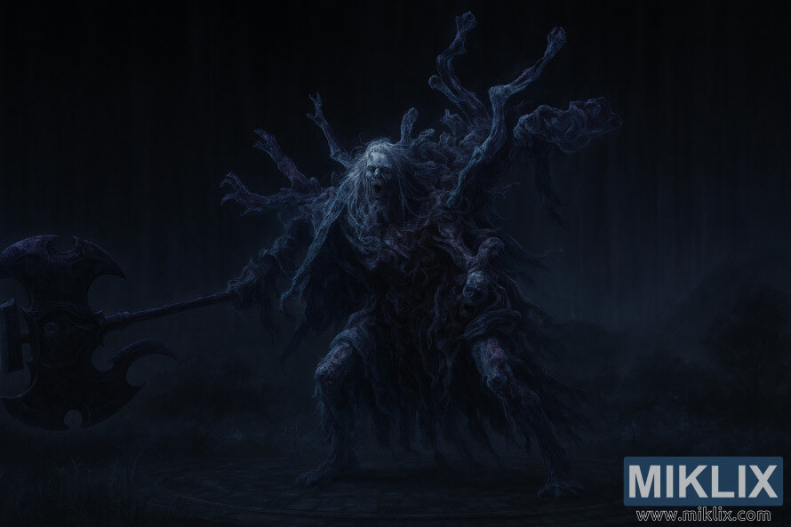 Seni peminat fantasi gelap Godefroy yang Dicantumkan dari Elden Ring, memegang kapak berbilah dua