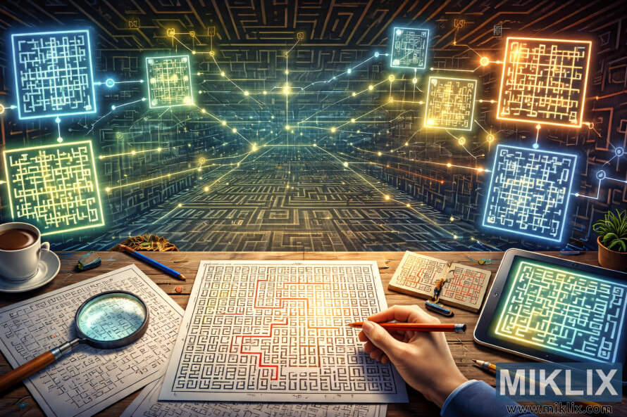 Workspace scene showing hand-drawn and digital mazes, with glowing panels representing different maze generation algorithms Workspace scene showing hand-drawn and digital mazes, with glowing panels representing different maze generation algorithms