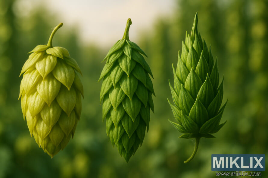 Close-up of three Hallertau hop cones in warm sunlight with a blurred hop field background highlighting texture and color.