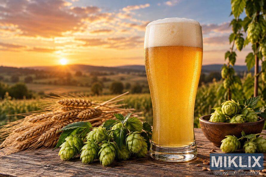 Landscape photograph of a cold golden wheat beer with a creamy foam head on a rustic wooden table, surrounded by fresh green hop cones, wheat stalks and grains, with sunlit fields and rolling hills at sunset in the background. Landscape photograph of a cold golden wheat beer with a creamy foam head on a rustic wooden table, surrounded by fresh green hop cones, wheat stalks and grains, with sunlit fields and rolling hills at sunset in the background.