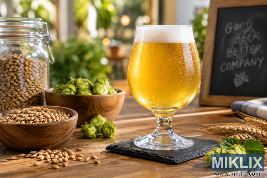 Golden homebrewed beer in a condensation-covered stemmed glass, surrounded by hops, grain and wheat on a rustic wooden table.