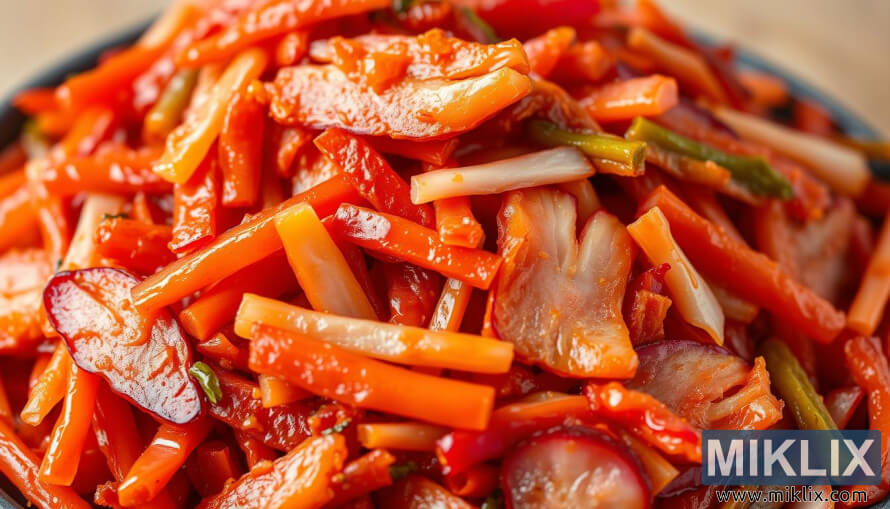 LÃ¤hivÃµte erksavÃ¤rvilisest omatehtud kimchist sÃ¤deleva kapsa ja redisega.