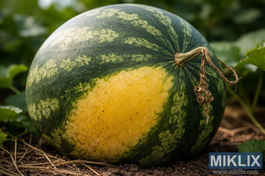 Ripe watermelon resting on soil in a garden, showing a deep yellow ground spot and a curled dried tendril attached to the stem. Ripe watermelon resting on soil in a garden, showing a deep yellow ground spot and a curled dried tendril attached to the stem.