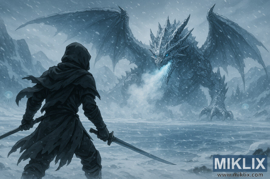 å¹éªã®ä¸­ãåã£ãæ¹ã®ä¸ã§æ°·ã®é§ãåãå·¨å¤§ãªéã®ç«ã¨å¯¾å³ããäºåæµã®åãæ¯ãåããã³ãå§¿ã®æ¦å£«ã®å¾ãå§¿ã®ã¢ãã¡é¢¨ã®ã¤ã©ã¹ãã