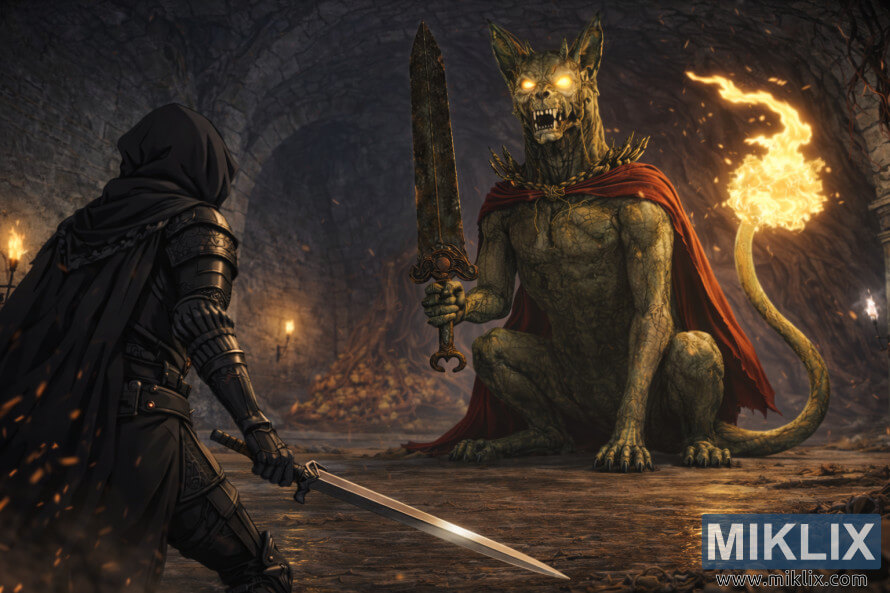 Guerriero fantasy anime visto di spalle a sinistra, con una spada in mano, mentre affronta un gigantesco boss guardiano di pietra seduto, con occhi luminosi e una coda fiammeggiante, in una catacomba oscura.