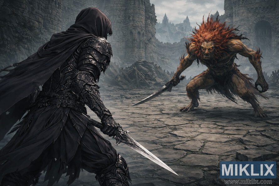 Anime-Fantasy-Szene, die den Tarnished in Black Knife-RÃ¼stung zeigt, von hinten links zu sehen, wie er dem Leonine Misbegotten-Boss im Innenhof der Ruine von Schloss Morne vor dem Kampf gegenÃ¼bersteht.