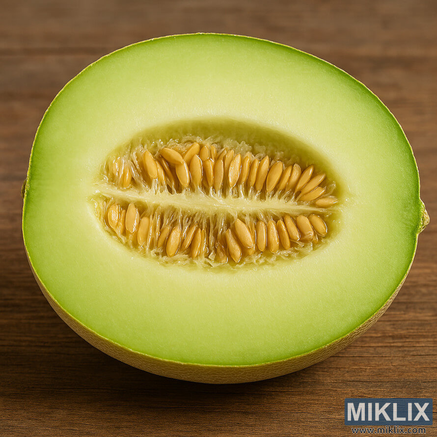 Ripe honeydew melon cut in half showing pale green flesh and seed cavity Ripe honeydew melon cut in half showing pale green flesh and seed cavity