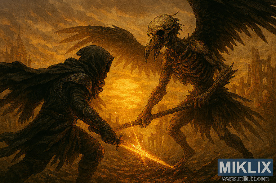 Isithombe esiyiqiniso se-Tarnished in Black Knife izikhali ezilwa nohlaka lwe-Deathbird ngenduku eqondile e-Elden Ring