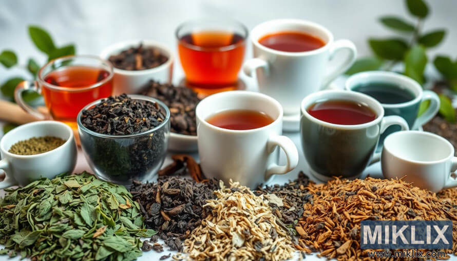 Ãrval af lausum teblÃ¶Ã°um og tebollum Ã­ mjÃºkri lÃ½singu, sem sÃ½na fram Ã¡ fjÃ¶lbreyttar tetegundir og liti.