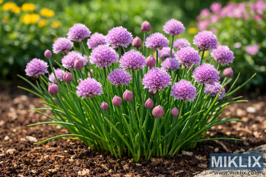 Ukubonakala kwezimbali ezivamile eziqhakazayo ezinezimbali ezinsomi ezikhula embhedeni wengadi onakekelwe kahle ngosuku lwasehlobo olunelanga. Ukubonakala kwezimbali ezivamile eziqhakazayo ezinezimbali ezinsomi ezikhula embhedeni wengadi onakekelwe kahle ngosuku lwasehlobo olunelanga.