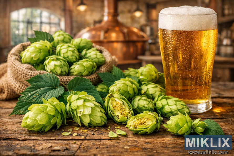 Fresh Styrian Golding hop cones, some sliced open, arranged on a rustic wooden table beside a glass of golden beer with a softly blurred traditional brewery in the background. Fresh Styrian Golding hop cones, some sliced open, arranged on a rustic wooden table beside a glass of golden beer with a softly blurred traditional brewery in the background.