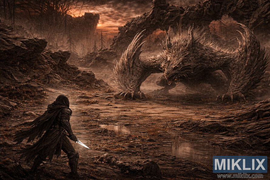 Podniesiony widok izometryczny szczytu Tarnished widzianego od tyÅu po lewej stronie, naprzeciw kolosalnego szczytu Jagged Peak Drake w jaÅowym, skalistym krajobrazie pod popielatoczerwonym niebem.