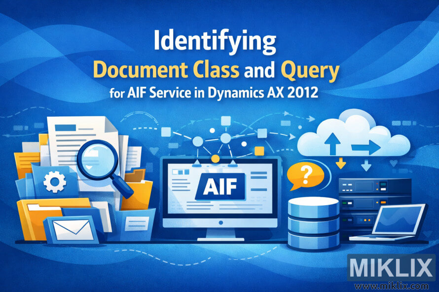 बैनर इलस्ट्रेशन जिसमें डॉक्यूमेंट्स, एक मैग्निफाइंग ग्लास, एक AIF मॉनिटर, और क्लाउड और सर्वर आइकन्स हैं जो Dynamics AX 2012 में डॉक्यूमेंट क्लास और क्वेरी आइडेंटिफिकेशन को दिखाते हैं।