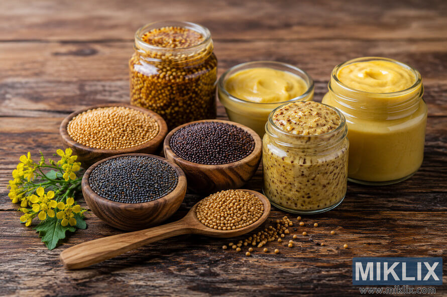 A rustic wooden table displaying a variety of mustard seeds in wooden bowls alongside several jars of prepared mustard condiments in different textures and shades of yellow and brown. A rustic wooden table displaying a variety of mustard seeds in wooden bowls alongside several jars of prepared mustard condiments in different textures and shades of yellow and brown.
