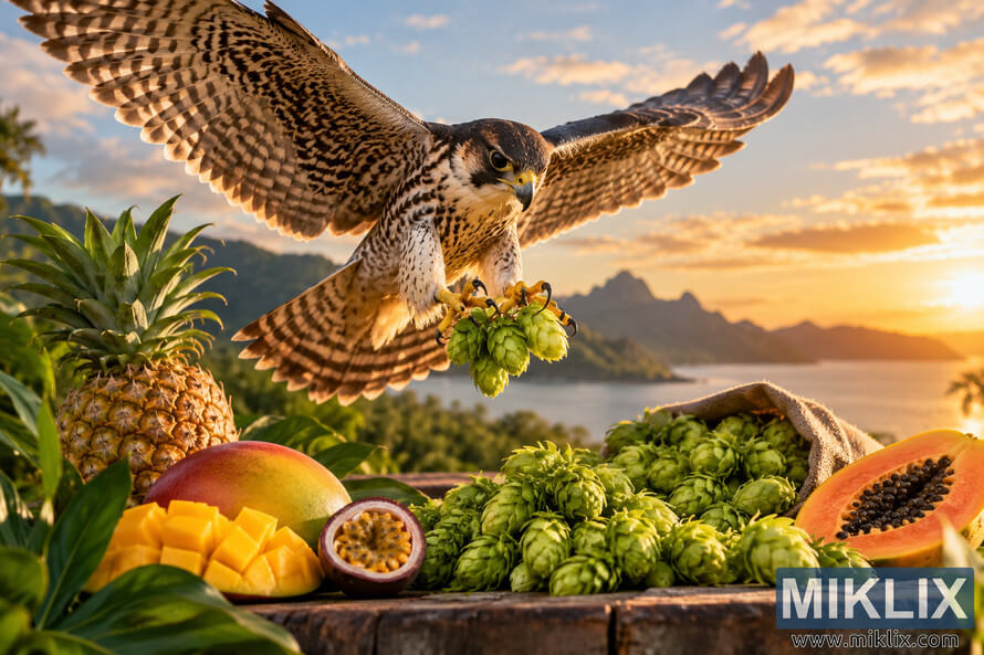Photorealistic falcon flying over fresh green hop cones, pineapple, mango, passion fruit and papaya against a tropical mountain coastline at golden hour. Photorealistic falcon flying over fresh green hop cones, pineapple, mango, passion fruit and papaya against a tropical mountain coastline at golden hour.