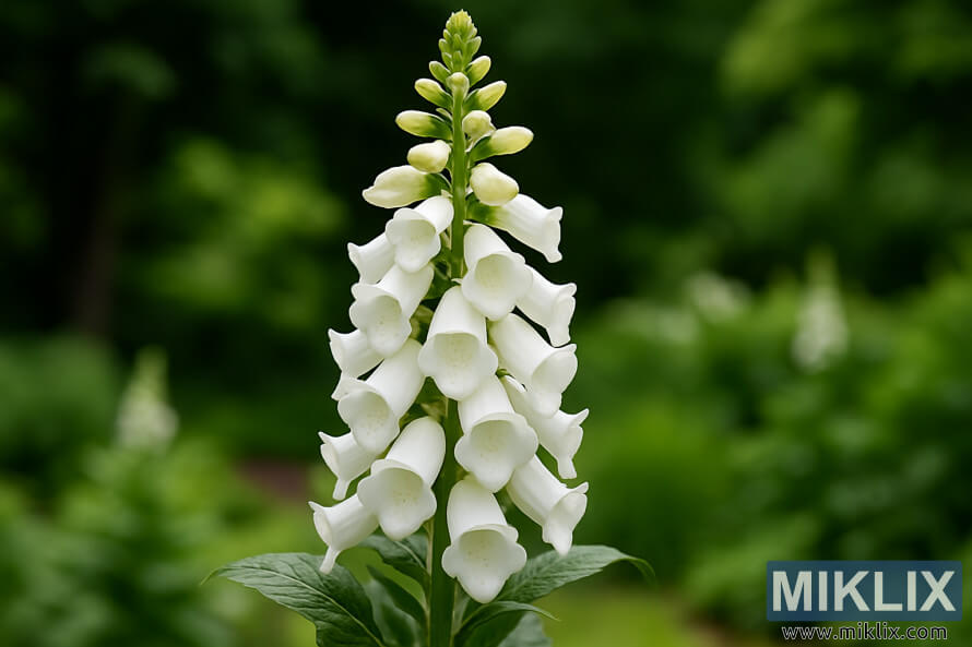 Gros plan sur des fleurs de digitale dâAlba dâun blanc pur avec des fleurs en forme de cloche poussant dans un jardin sur un fond vert doux.