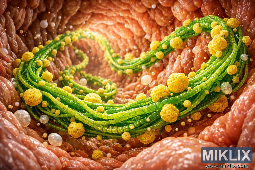 3D scientific illustration showing green fiber molecules twisting through the reddish-pink walls of the human intestine, surrounded by yellow and white particles.
