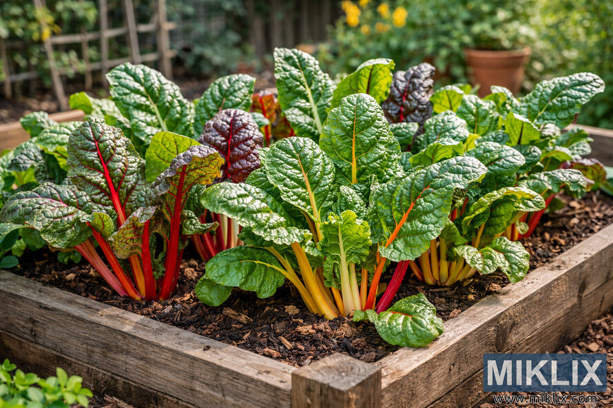A raised wooden garden bed filled with lush Swiss chard plants featuring colorful stems and large green leaves under soft sunlight.