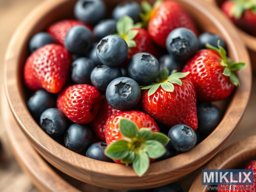 Puinen kulho, jossa on tuoreita punaisia mansikoita ja tummansinisiÃ¤ mustikoita.