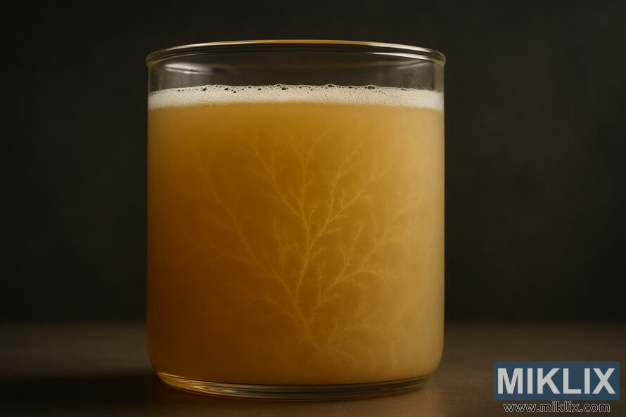 Cáº­n cáº£nh bia Saison mÃ u vÃ ng Äá»¥c cho tháº¥y hiá»n tÆ°á»£ng káº¿t bÃ´ng cá»§a náº¥m men.