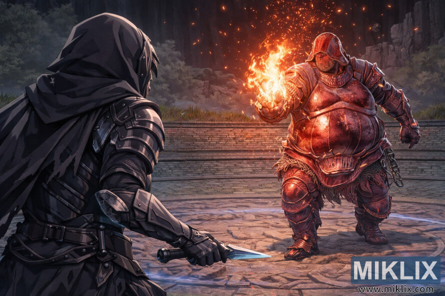 Fan art ao estilo anime mostrando o Maculado por trÃ¡s Ã  esquerda, enfrentando Adan, LadrÃ£o de Fogo, dentro da Guarda Evergaol do Malfeitor, pouco antes do inÃ­cio do combate.