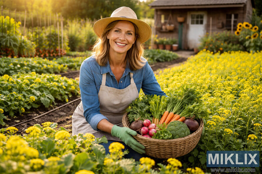 Happy gardener harvesting mustard greens in a lush home garden with golden flowers and a charming house in the background.