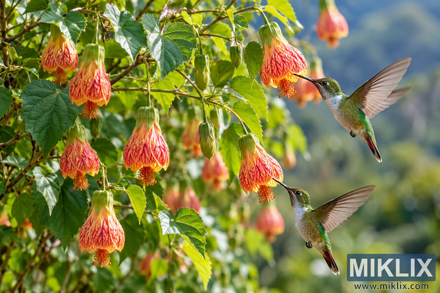 Two hummingbirds hover beside bell-shaped red-veined abutilon flowers on a leafy shrub. Two hummingbirds hover beside bell-shaped red-veined abutilon flowers on a leafy shrub.