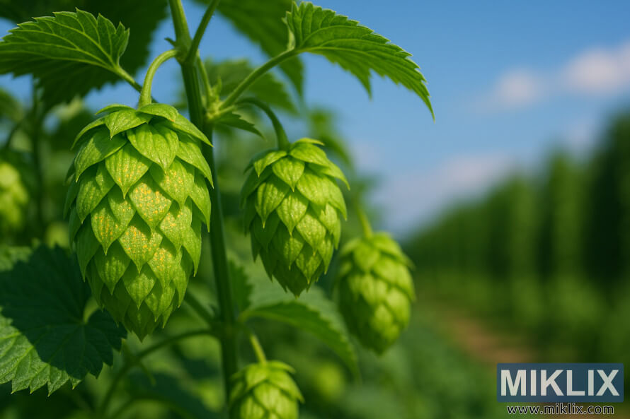 Close-up of Orbit hops cones with golden glands and lush green leaves under a blue sky