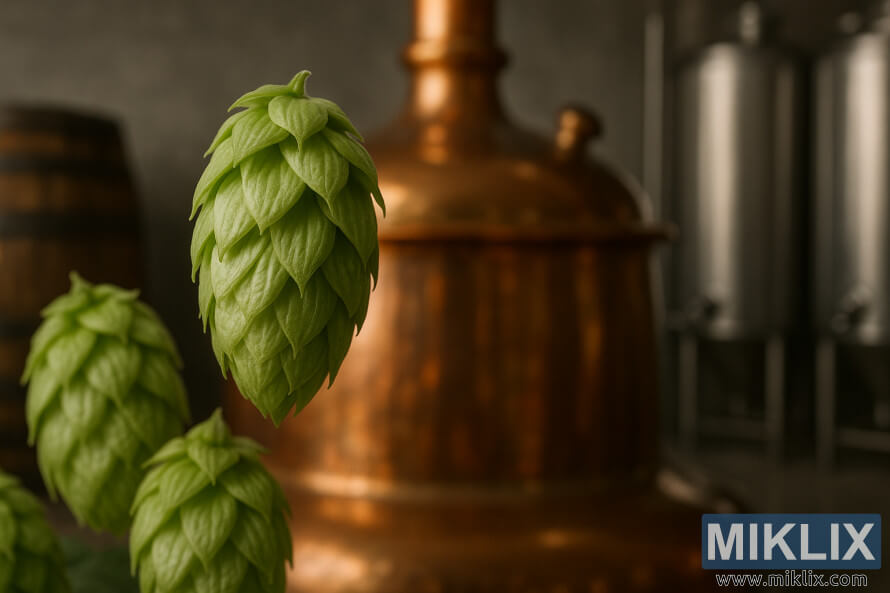 Krupni plan Å¡iÅ¡arki hmelja iz Tettnangera s bakrenim kotlom za kuhanje i baÄvama u pozadini. Krupni plan Å¡iÅ¡arki hmelja iz Tettnangera s bakrenim kotlom za kuhanje i baÄvama u pozadini.