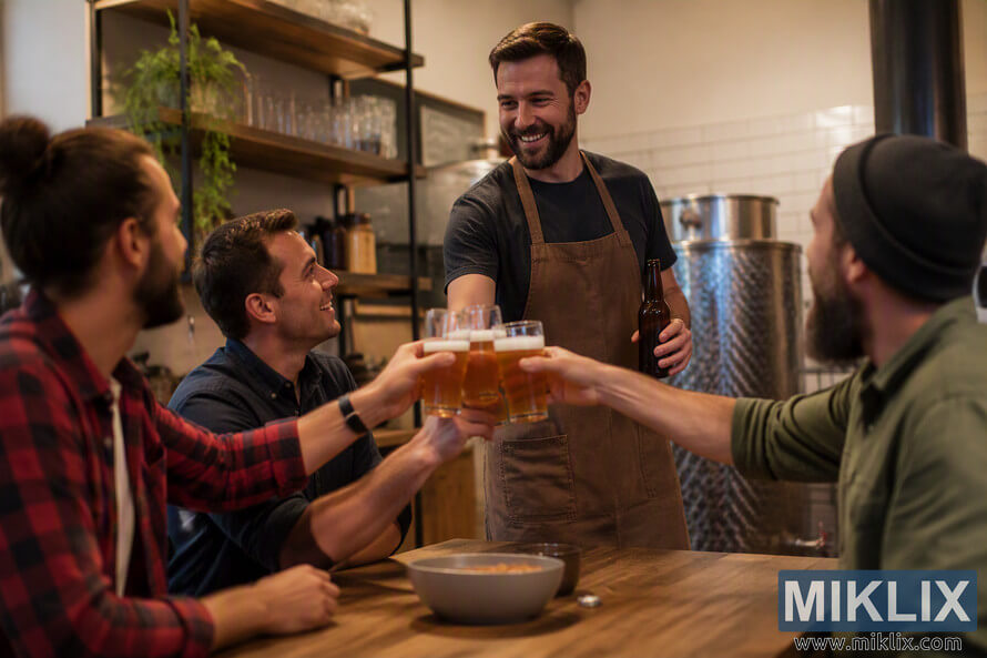 A person wearing an apron stands beside stainless steel brewing tanks and shares freshly brewed amber beer with several seated guests gathered around a wooden table. Multiple glasses are raised together in a toast inside a warm, inviting brewing environment with shelves, glassware, and equipment visible in the background. A person wearing an apron stands beside stainless steel brewing tanks and shares freshly brewed amber beer with several seated guests gathered around a wooden table. Multiple glasses are raised together in a toast inside a warm, inviting brewing environment with shelves, glassware, and equipment visible in the background.