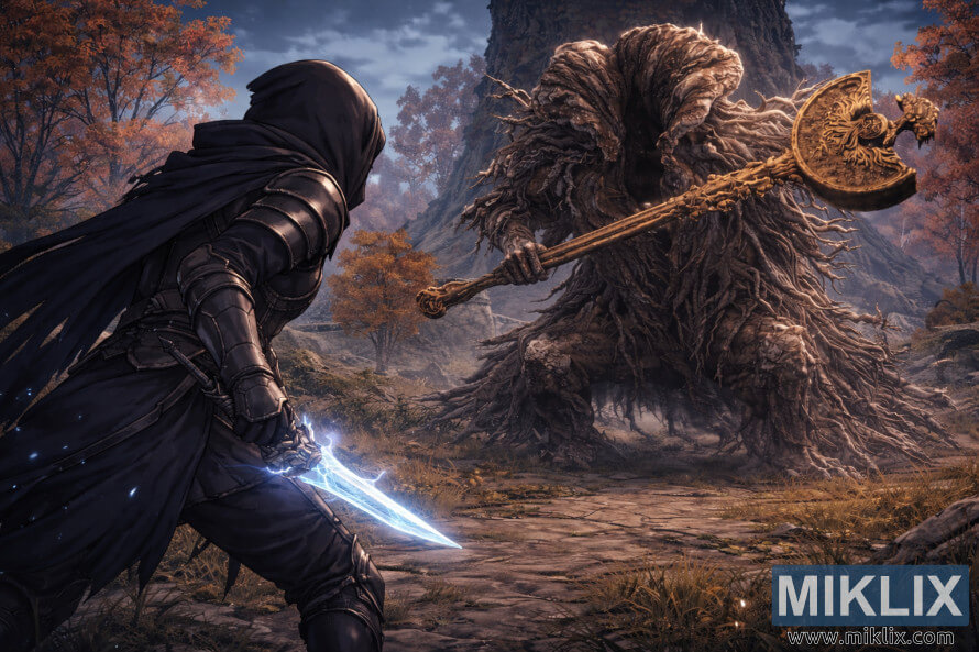 Anime stilindÉ Elden Ring fanatlarÄ±nÄ±n rÉsm ÉsÉrindÉ soldakÄ± Tarnished dÃ¶yÃ¼Å meydanÄ±nda ucalan nÉhÉng Erdtree Avatarla qarÅÄ±laÅÄ±r.