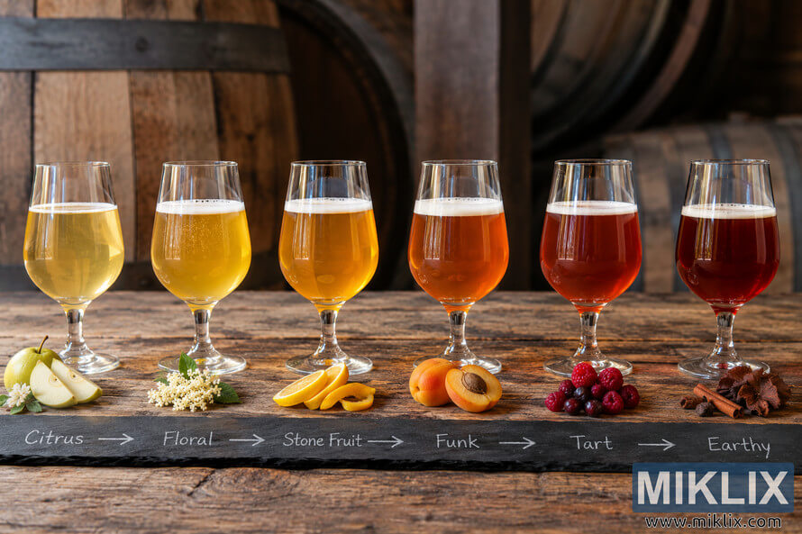 Six beer glasses ranging from pale gold to deep red on a wooden table, with fruit, flowers, spices, and a slate labeled Citrus, Floral, Stone Fruit, Funk, Tart, and Earthy. Six beer glasses ranging from pale gold to deep red on a wooden table, with fruit, flowers, spices, and a slate labeled Citrus, Floral, Stone Fruit, Funk, Tart, and Earthy.