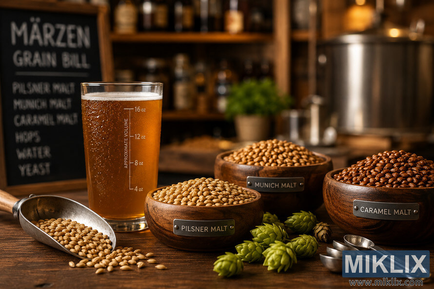 A warm rustic flat lay of a Märzen beer grain bill featuring Munich malt, Pilsner malt, caramel malt, hops, brewing tools, and a glass of fresh golden wort in a cozy home brewing kitchen. A warm rustic flat lay of a Märzen beer grain bill featuring Munich malt, Pilsner malt, caramel malt, hops, brewing tools, and a glass of fresh golden wort in a cozy home brewing kitchen.