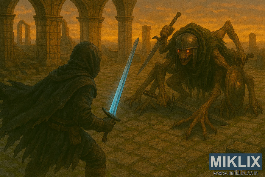 ÎÎ¼Î¹ÏÎµÎ±Î»Î¹ÏÏÎ¹ÎºÎ® fan art Î±ÏÏ ÏÎ¿ Elden Ring, Î¼Îµ ÏÎ¿ÏÏ Tarnished Î½Î± Î±Î½ÏÎ¹Î¼ÎµÏÏÏÎ¯Î¶Î¿ÏÎ½ Î­Î½Î±Î½ Î³ÎºÏÎ¿ÏÎ­ÏÎºÎ¿, ÎµÎ¼Î²Î¿Î»Î¹Î±ÏÎ¼Î­Î½Î¿ Î±ÏÏÎ³Î¿Î½Î¿ Î¼Îµ ÎºÏÎ¬Î½Î¿Ï ÏÎ¿Ï ÏÎ­ÏÎ½ÎµÏÎ±Î¹ ÏÏÎ± Î¬ÎºÏÎ± ÏÎ¿Ï.