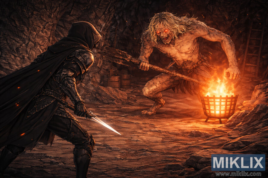 Anime stila Elden Ring fanu mÄksla, kurÄ attÄlots aptraipÄ«ts, bruÅots ar Melno nazi un no aizmugures, ugunÄ«gÄ alÄ saskaroties ar lielu zvÄ«Åainu Misbegotten bosu tuvÄ attÄlumÄ.