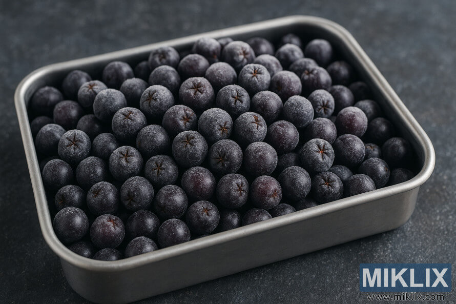 Close-up of frozen aronia berries covered in frost inside a rectangular stainless steel container on a dark textured surface.