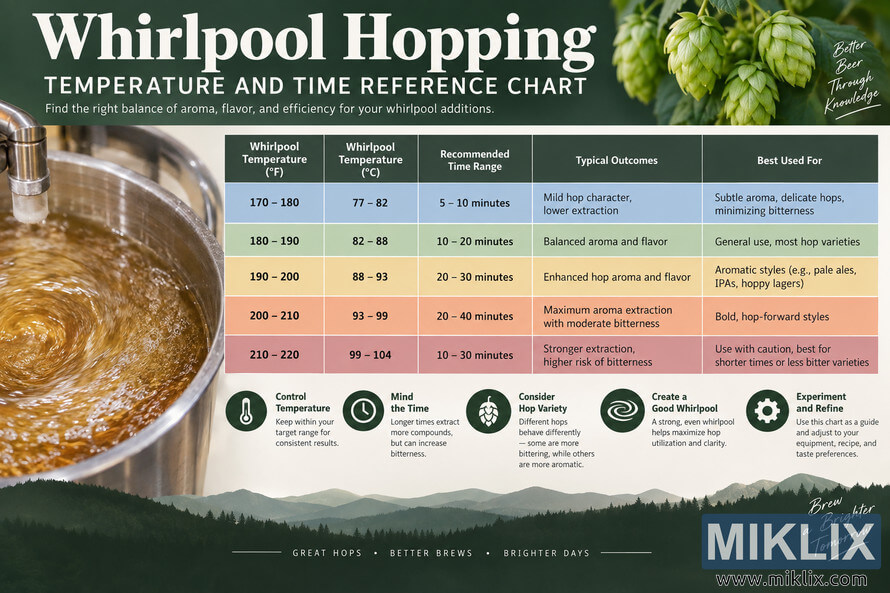 Landscape brewing infographic titled âWhirlpool Hopping: Temperature and Time Reference Chart,â featuring a stainless-steel kettle with swirling wort, fresh green hop cones, and a color-coded table showing whirlpool temperatures from 170â220°F (77â104°C), recommended times, typical hop outcomes, and suggested uses. Landscape brewing infographic titled âWhirlpool Hopping: Temperature and Time Reference Chart,â featuring a stainless-steel kettle with swirling wort, fresh green hop cones, and a color-coded table showing whirlpool temperatures from 170â220°F (77â104°C), recommended times, typical hop outcomes, and suggested uses.