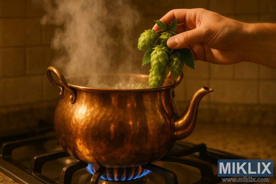 Une bouilloire en cuivre sur une cuisiniÃ¨re Ã  gaz avec de la vapeur qui monte tandis que du houblon vert frais est ajoutÃ© Ã  la main.